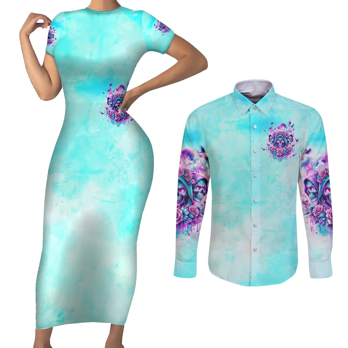 Flower Skull Angel Couples Matching Short Sleeve Bodycon Dress and Long Sleeve Button Shirt Stuck Between IDK IDC and IDGAF - Wonder Print Shop