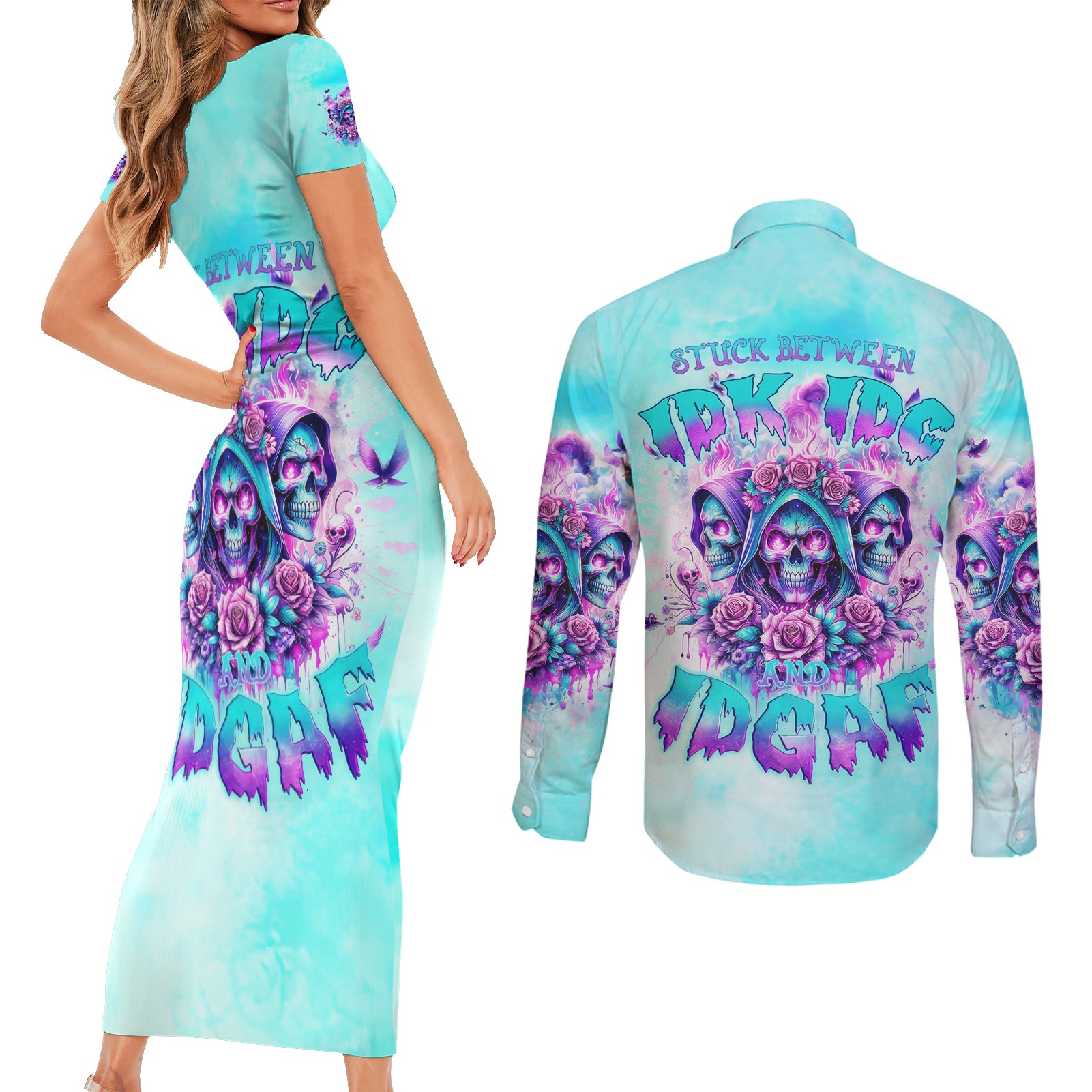 Flower Skull Angel Couples Matching Short Sleeve Bodycon Dress and Long Sleeve Button Shirt Stuck Between IDK IDC and IDGAF - Wonder Print Shop