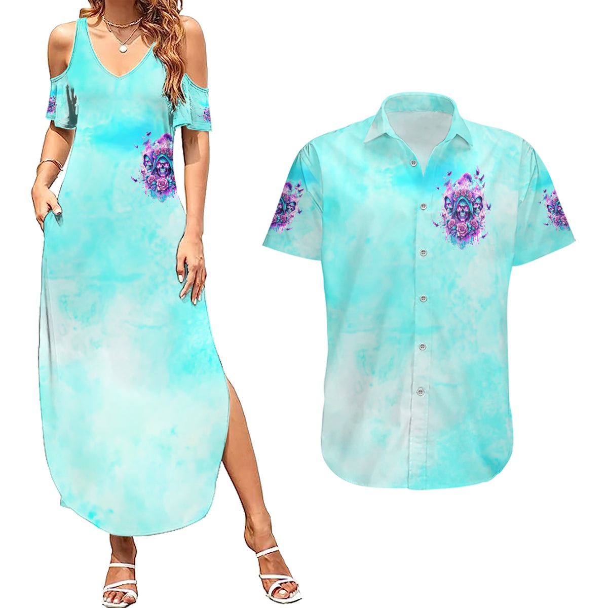 Flower Skull Angel Couples Matching Summer Maxi Dress and Hawaiian Shirt Stuck Between IDK IDC and IDGAF - Wonder Print Shop