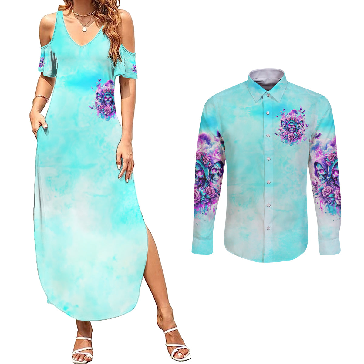 Flower Skull Angel Couples Matching Summer Maxi Dress and Long Sleeve Button Shirt Stuck Between IDK IDC and IDGAF - Wonder Print Shop