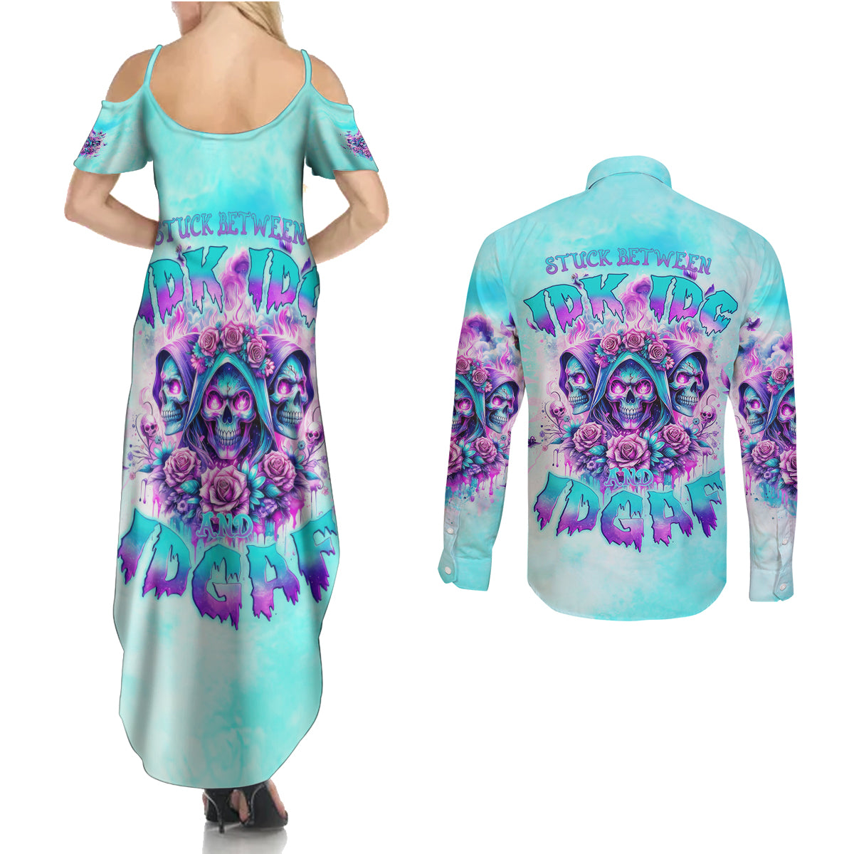 Flower Skull Angel Couples Matching Summer Maxi Dress and Long Sleeve Button Shirt Stuck Between IDK IDC and IDGAF - Wonder Print Shop