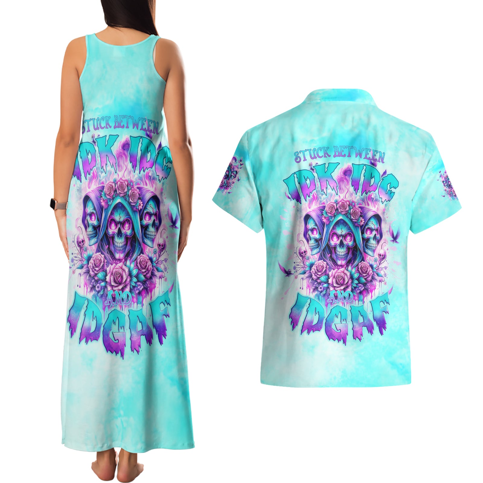 Flower Skull Angel Couples Matching Tank Maxi Dress and Hawaiian Shirt Stuck Between IDK IDC and IDGAF - Wonder Print Shop