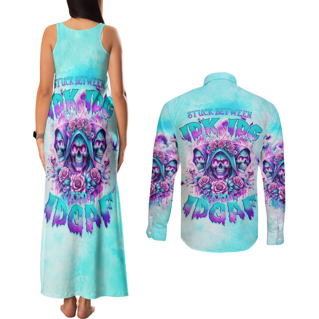 Flower Skull Angel Couples Matching Tank Maxi Dress and Long Sleeve Button Shirt Stuck Between IDK IDC and IDGAF - Wonder Print Shop