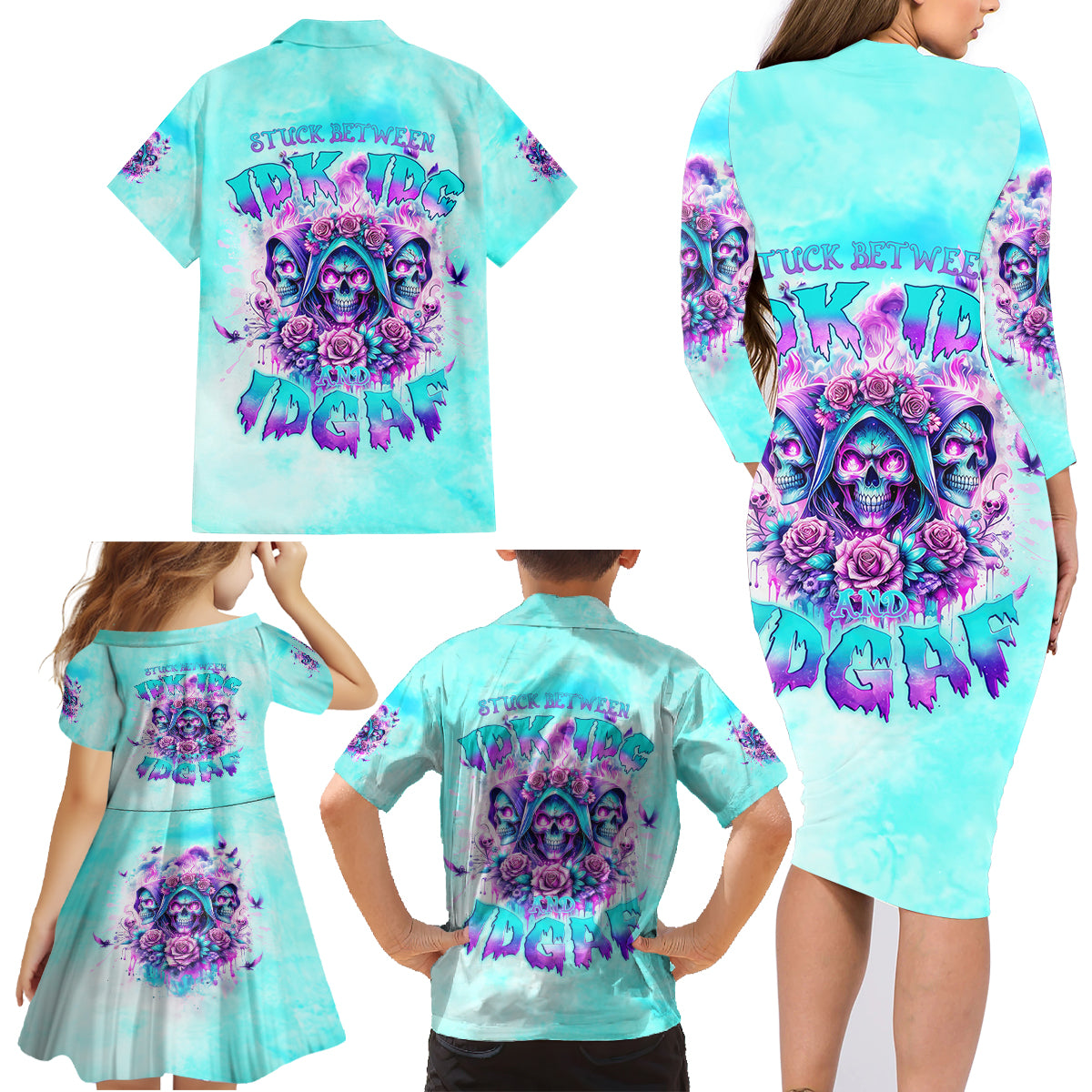 Flower Skull Angel Family Matching Long Sleeve Bodycon Dress and Hawaiian Shirt Stuck Between IDK IDC and IDGAF - Wonder Print Shop