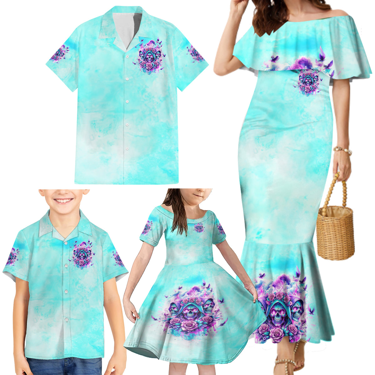 Flower Skull Angel Family Matching Mermaid Dress and Hawaiian Shirt Stuck Between IDK IDC and IDGAF - Wonder Print Shop