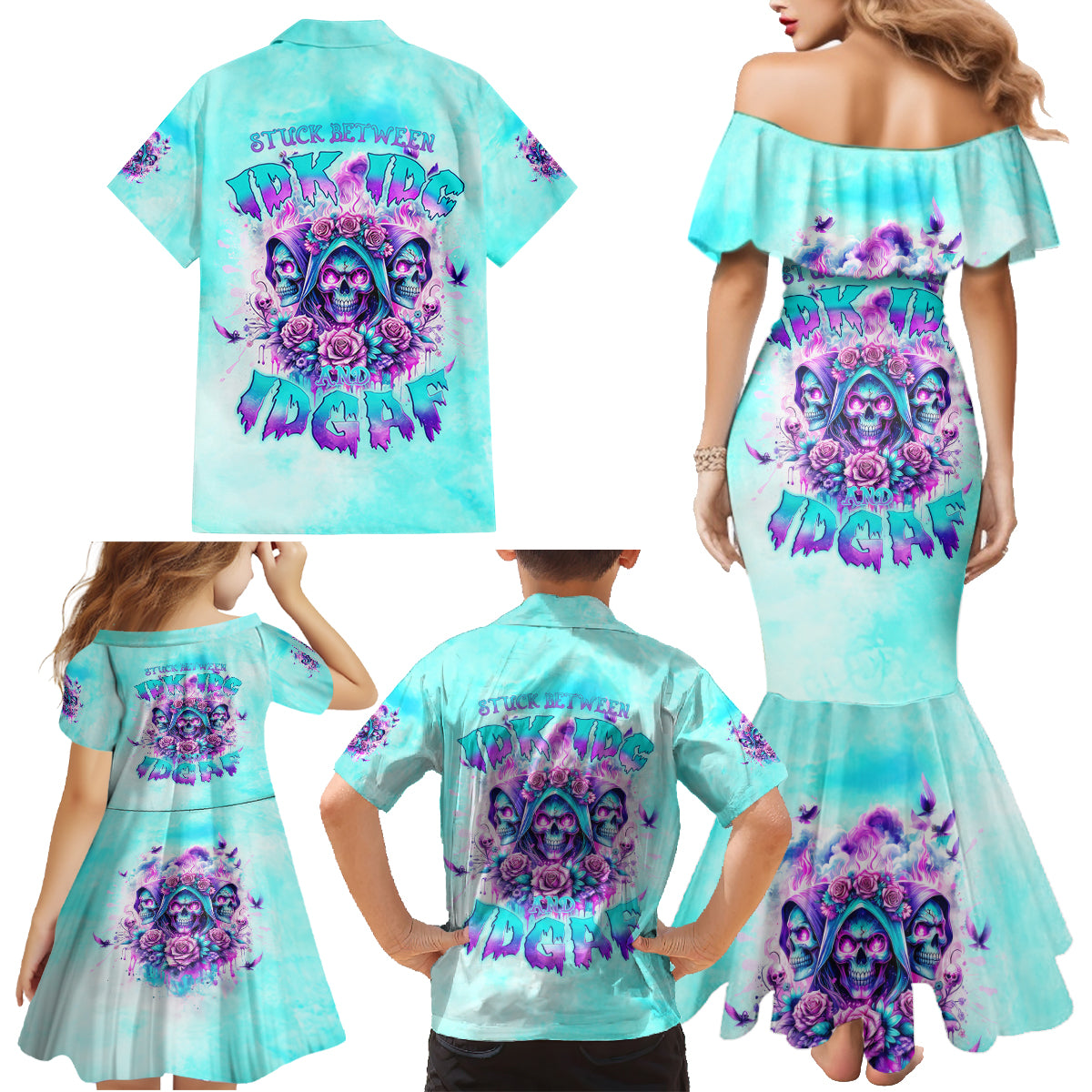 Flower Skull Angel Family Matching Mermaid Dress and Hawaiian Shirt Stuck Between IDK IDC and IDGAF - Wonder Print Shop