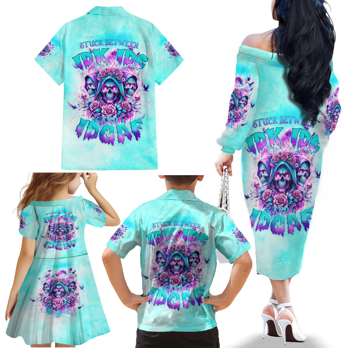 Flower Skull Angel Family Matching Off Shoulder Long Sleeve Dress and Hawaiian Shirt Stuck Between IDK IDC and IDGAF - Wonder Print Shop