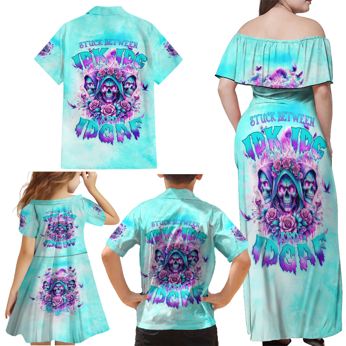 Flower Skull Angel Family Matching Off Shoulder Maxi Dress and Hawaiian Shirt Stuck Between IDK IDC and IDGAF - Wonder Print Shop
