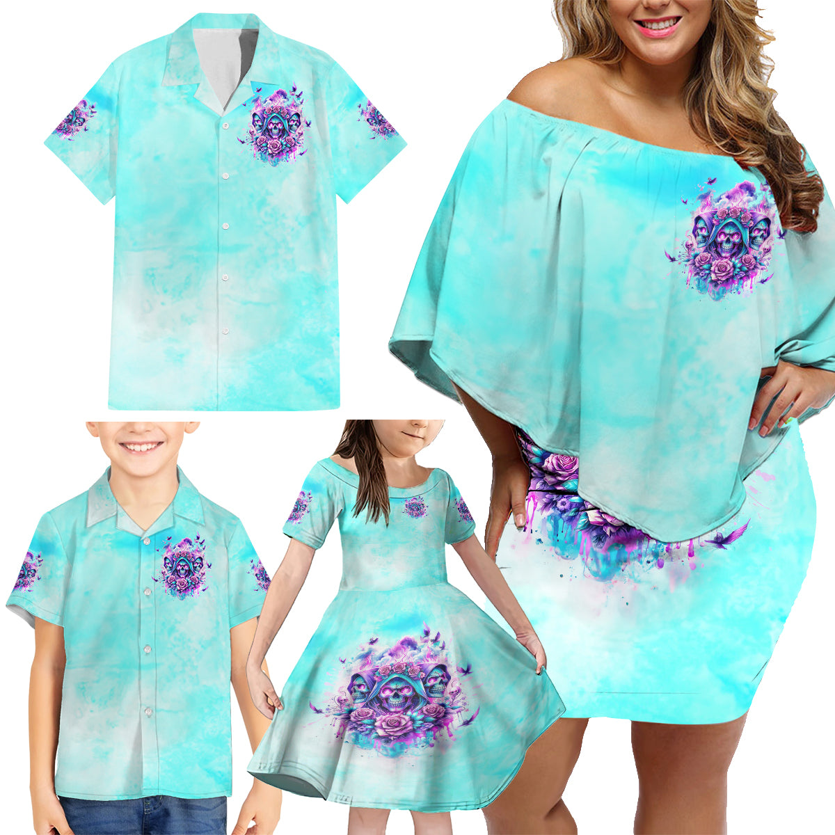 Flower Skull Angel Family Matching Off Shoulder Short Dress and Hawaiian Shirt Stuck Between IDK IDC and IDGAF - Wonder Print Shop