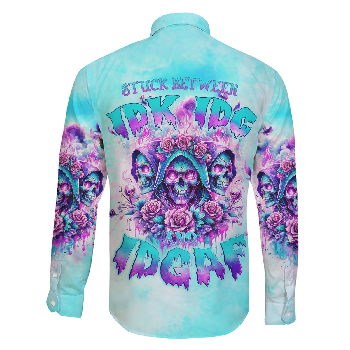 Flower Skull Angel Family Matching Off Shoulder Short Dress and Hawaiian Shirt Stuck Between IDK IDC and IDGAF - Wonder Print Shop