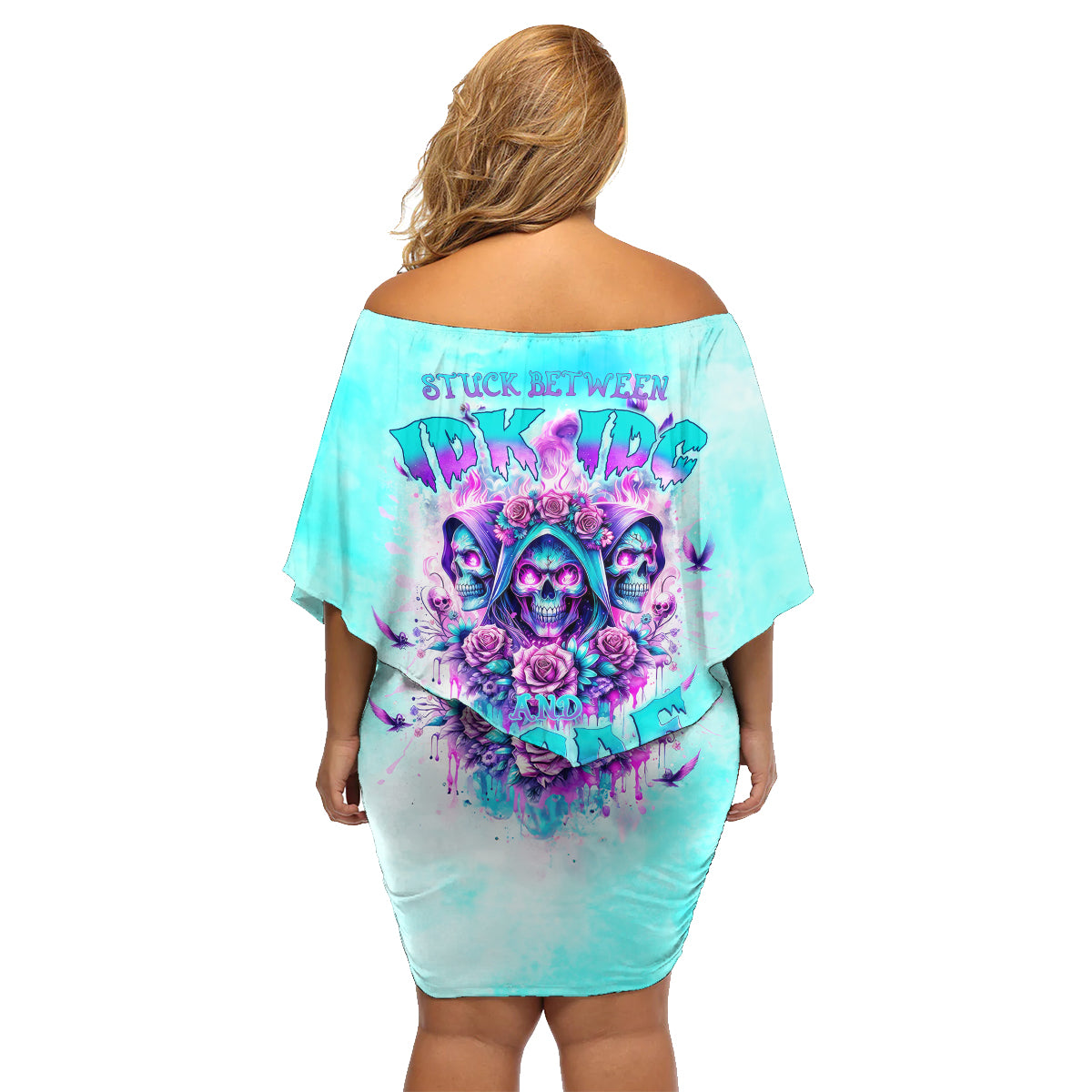 Flower Skull Angel Family Matching Off Shoulder Short Dress and Hawaiian Shirt Stuck Between IDK IDC and IDGAF - Wonder Print Shop
