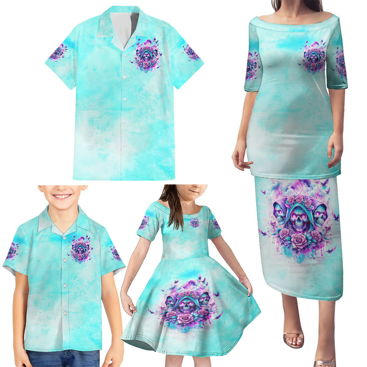 Flower Skull Angel Family Matching Puletasi and Hawaiian Shirt Stuck Between IDK IDC and IDGAF - Wonder Print Shop