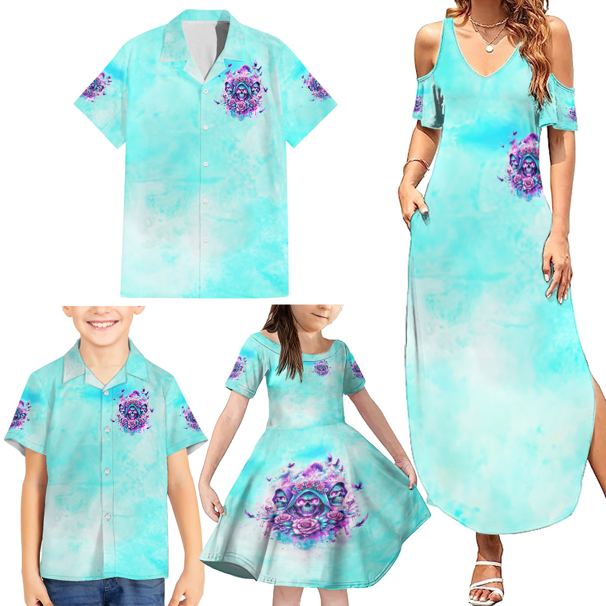 Flower Skull Angel Family Matching Summer Maxi Dress and Hawaiian Shirt Stuck Between IDK IDC and IDGAF - Wonder Print Shop