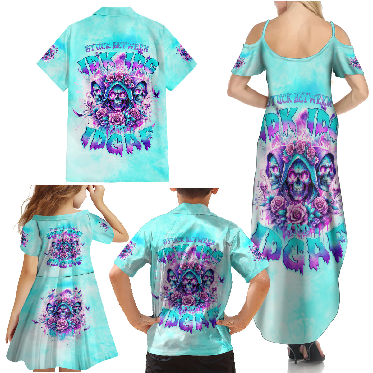 Flower Skull Angel Family Matching Summer Maxi Dress and Hawaiian Shirt Stuck Between IDK IDC and IDGAF - Wonder Print Shop