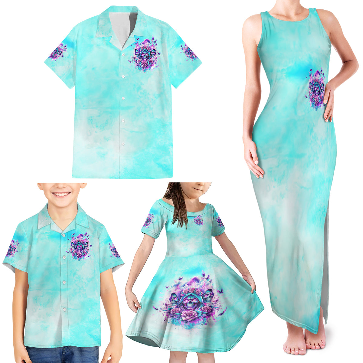 Flower Skull Angel Family Matching Tank Maxi Dress and Hawaiian Shirt Stuck Between IDK IDC and IDGAF - Wonder Print Shop