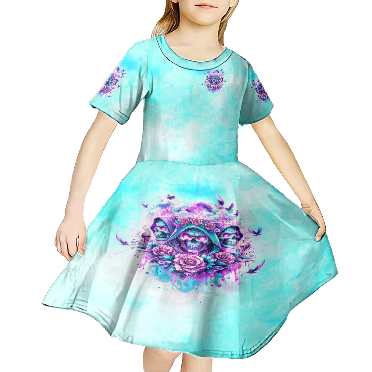 Flower Skull Angel Kid Short Sleeve Dress Stuck Between IDK IDC and IDGAF - Wonder Print Shop