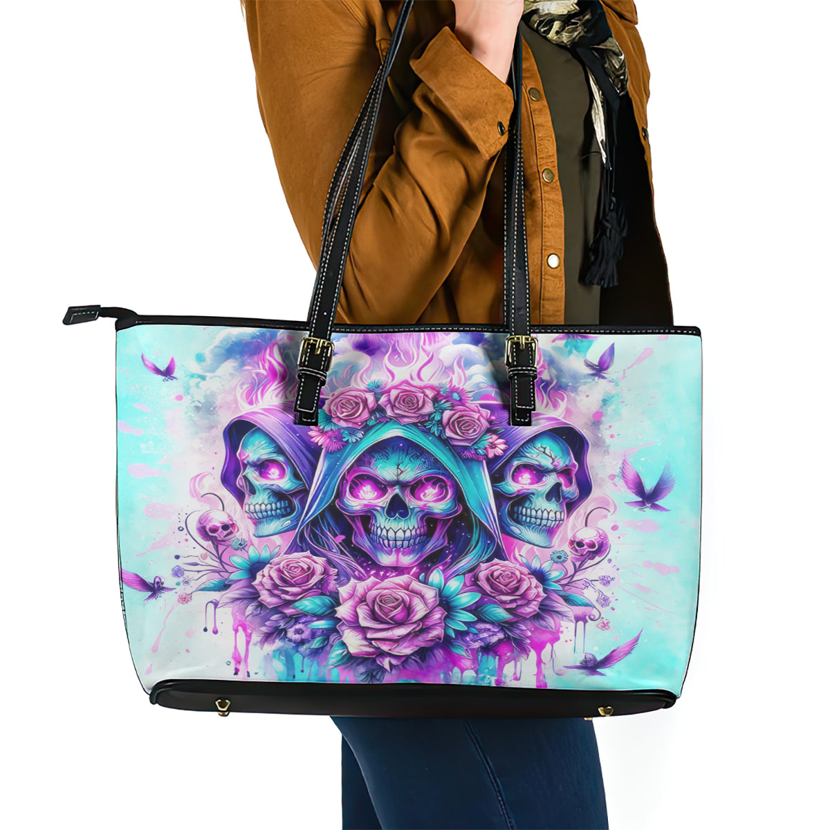 Flower Skull Angel Leather Tote Bag Stuck Between IDK IDC and IDGAF - Wonder Print Shop