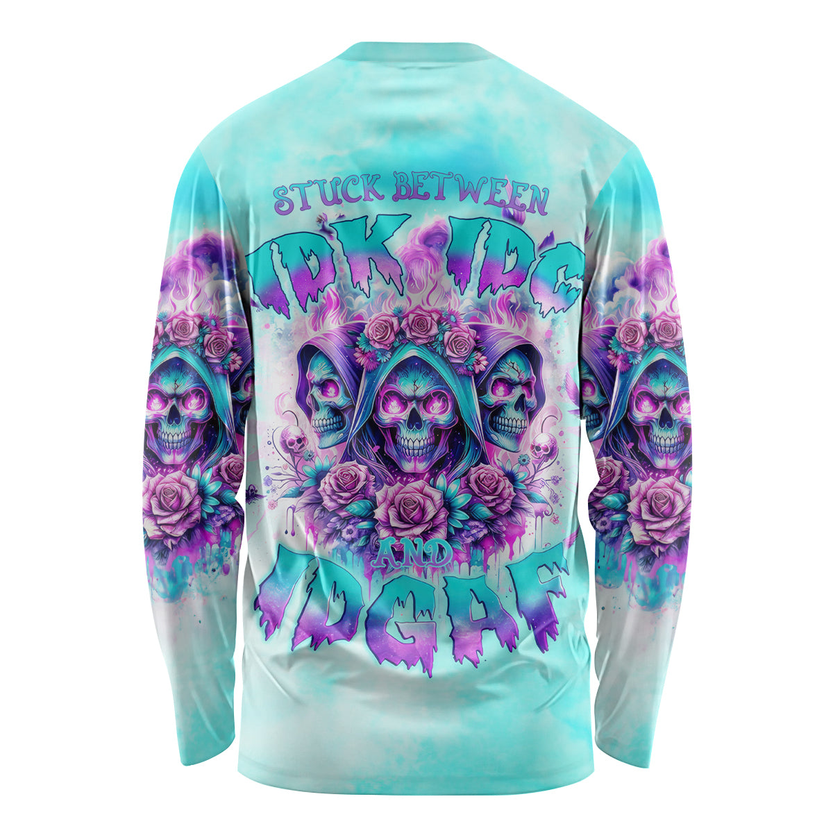 Flower Skull Angel Long Sleeve Shirt Stuck Between IDK IDC and IDGAF - Wonder Print Shop