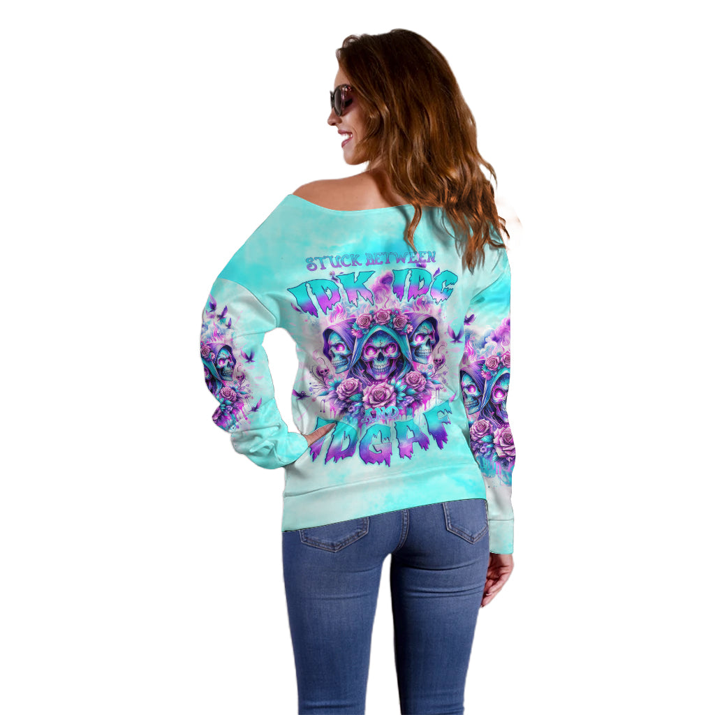 Flower Skull Angel Off Shoulder Sweater Stuck Between IDK IDC and IDGAF - Wonder Print Shop