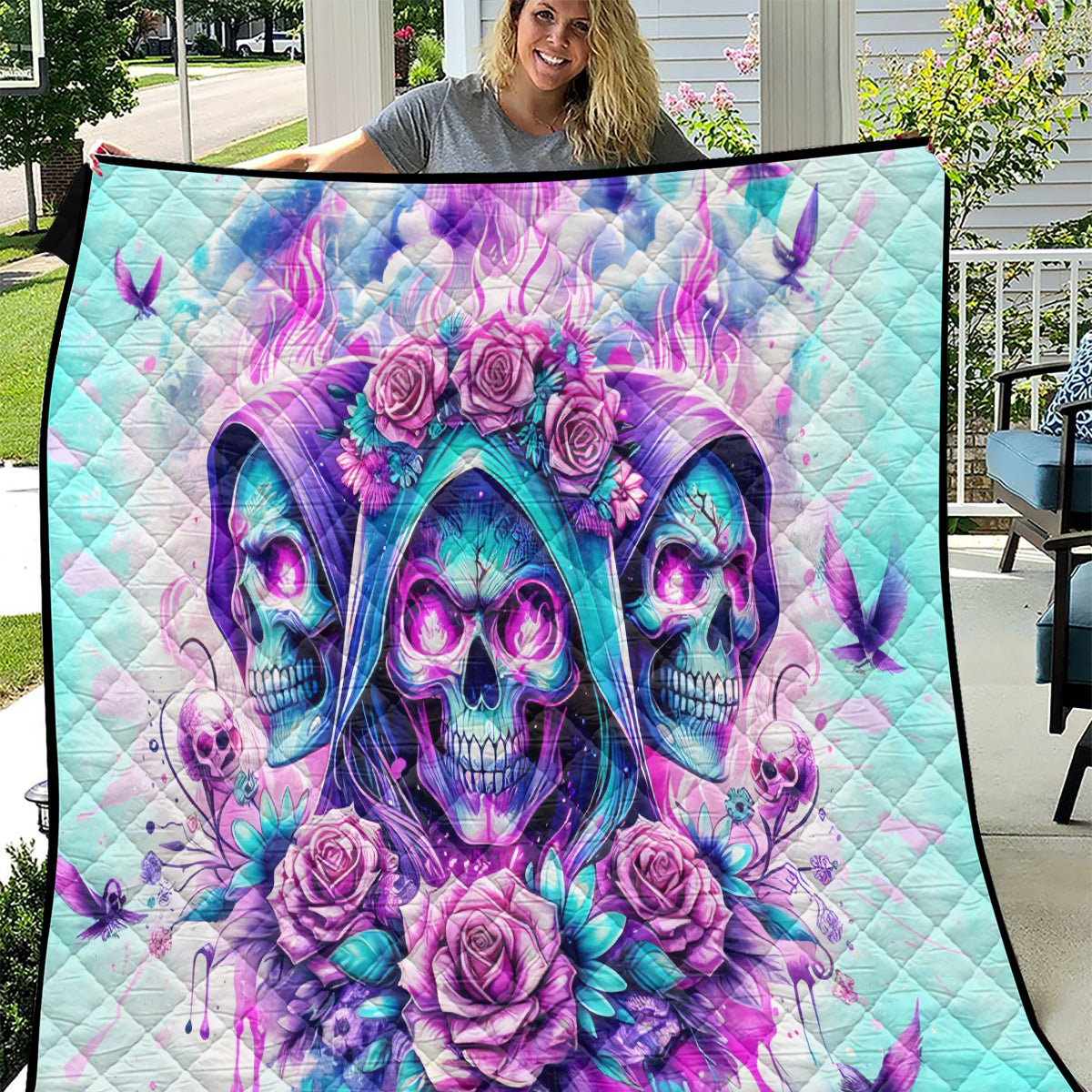 Flower Skull Angel Quilt Stuck Between IDK IDC and IDGAF - Wonder Print Shop