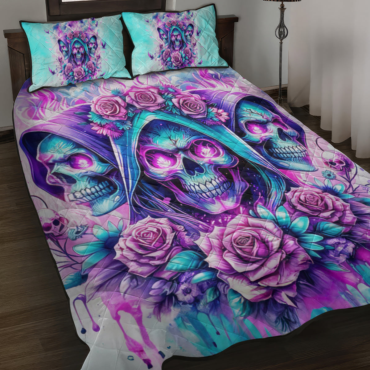 Flower Skull Angel Quilt Bed Set Stuck Between IDK IDC and IDGAF - Wonder Print Shop