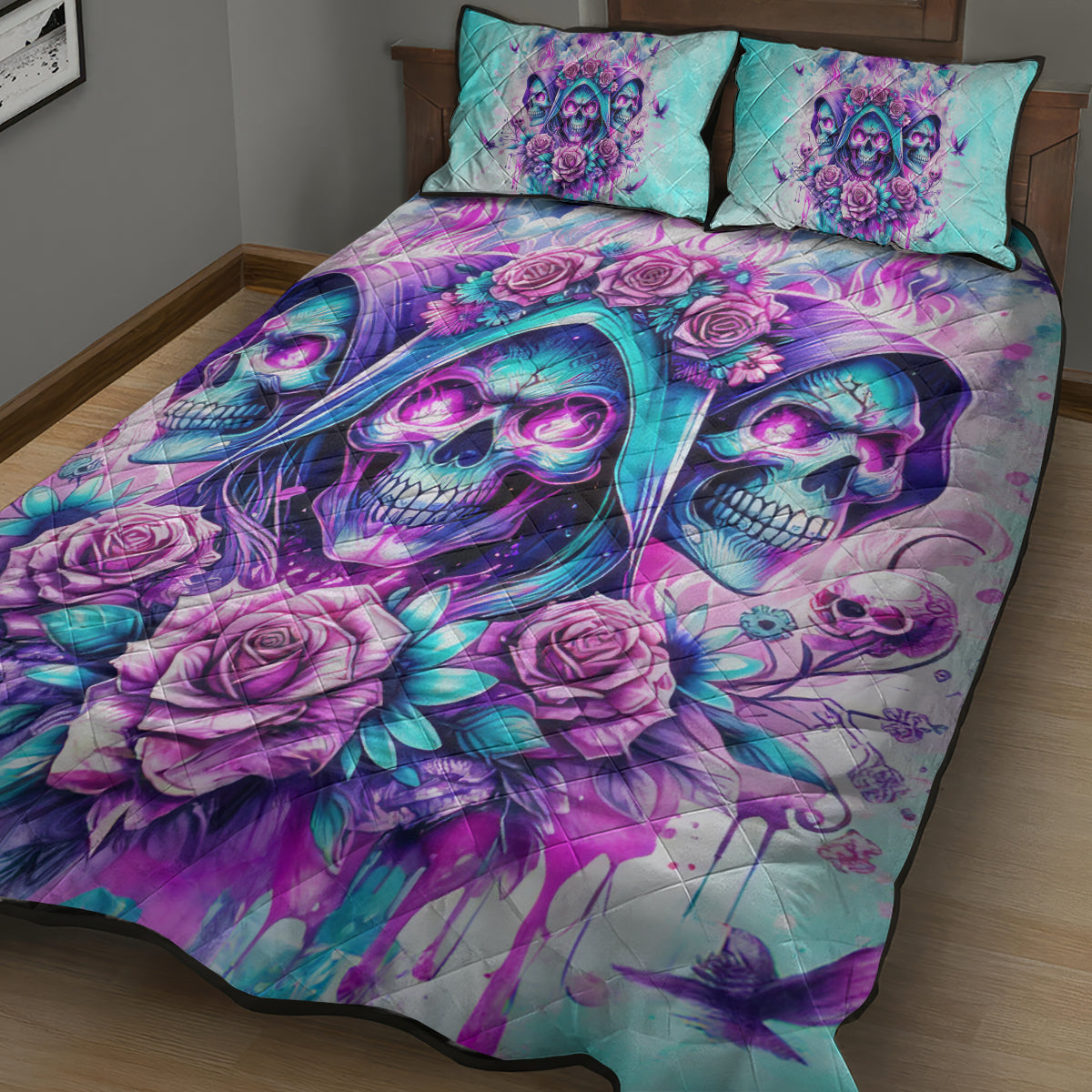 Flower Skull Angel Quilt Bed Set Stuck Between IDK IDC and IDGAF - Wonder Print Shop