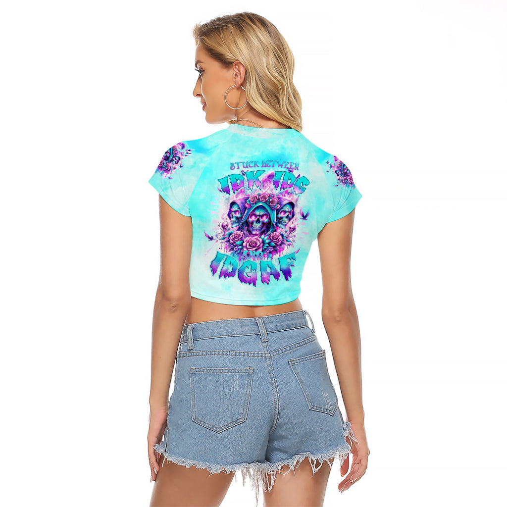 Flower Skull Angel Raglan Cropped T Shirt Stuck Between IDK IDC and IDGAF - Wonder Print Shop