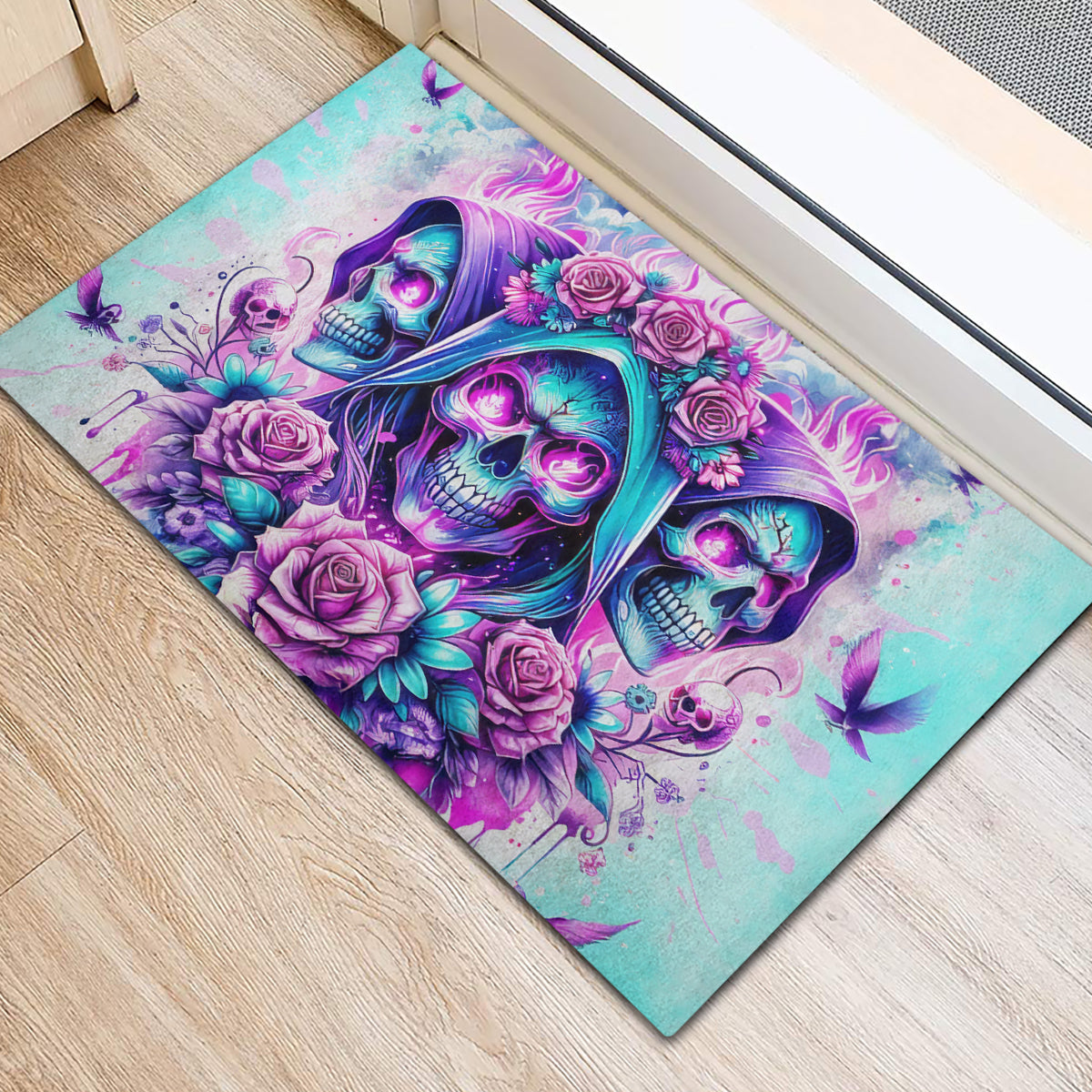 Flower Skull Angel Rubber Doormat Stuck Between IDK IDC and IDGAF - Wonder Print Shop