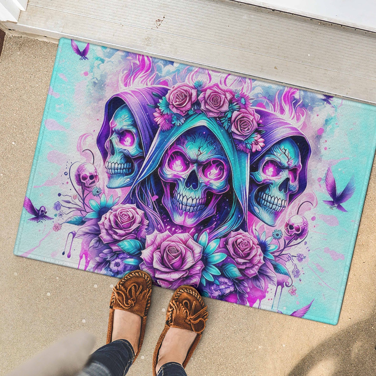 Flower Skull Angel Rubber Doormat Stuck Between IDK IDC and IDGAF - Wonder Print Shop
