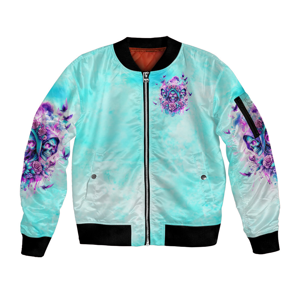 Flower Skull Angel Sleeve Zip Bomber Jacket Stuck Between IDK IDC and IDGAF - Wonder Print Shop