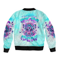 Flower Skull Angel Sleeve Zip Bomber Jacket Stuck Between IDK IDC and IDGAF - Wonder Print Shop