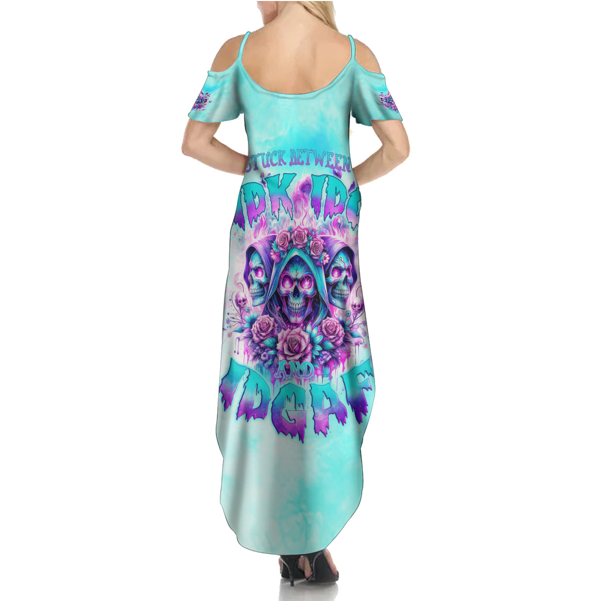 Flower Skull Angel Summer Maxi Dress Stuck Between IDK IDC and IDGAF - Wonder Print Shop