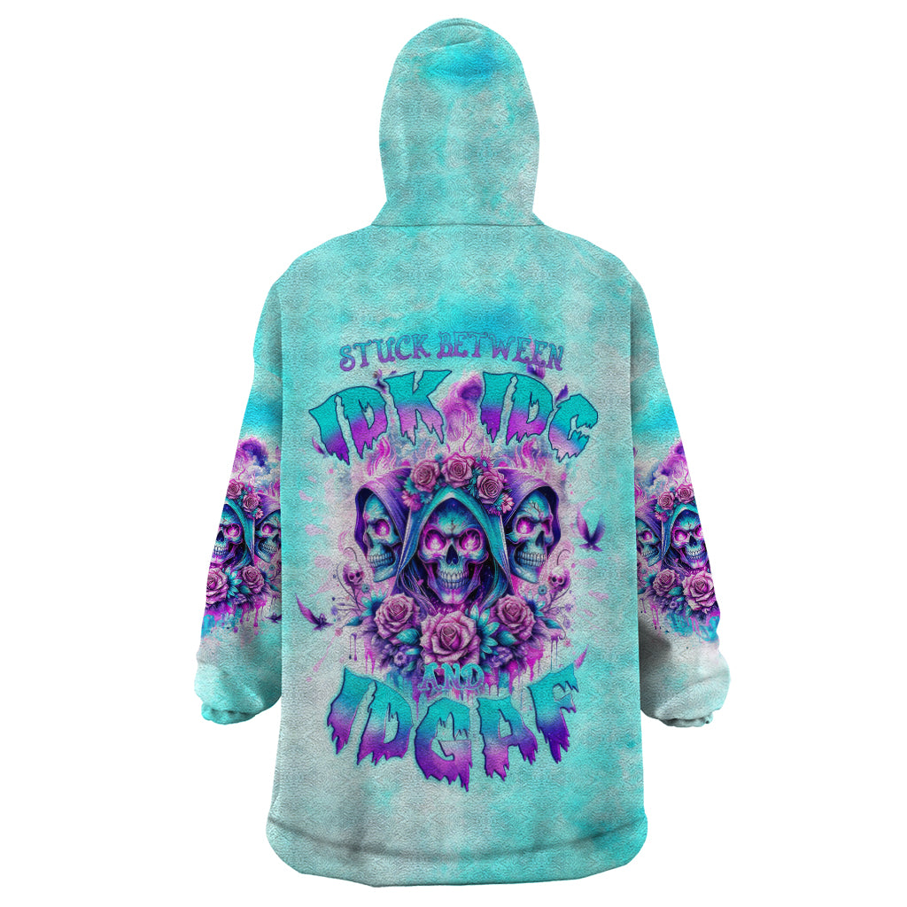 Flower Skull Angel Wearable Blanket Hoodie Stuck Between IDK IDC and IDGAF - Wonder Print Shop