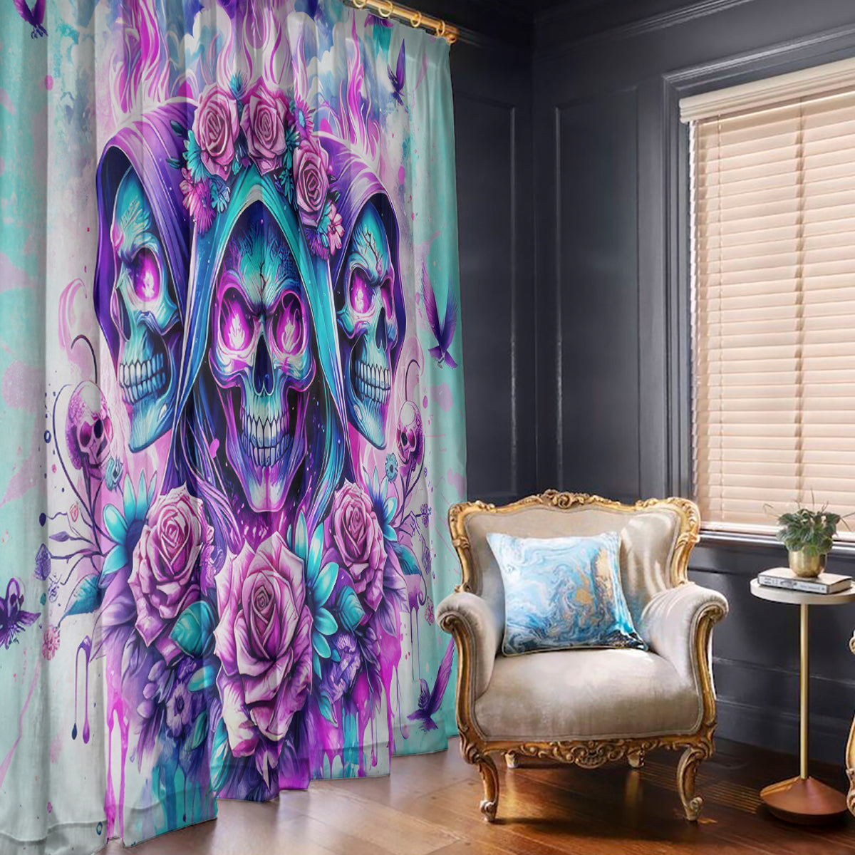 Flower Skull Angel Window Curtain Stuck Between IDK IDC and IDGAF - Wonder Print Shop