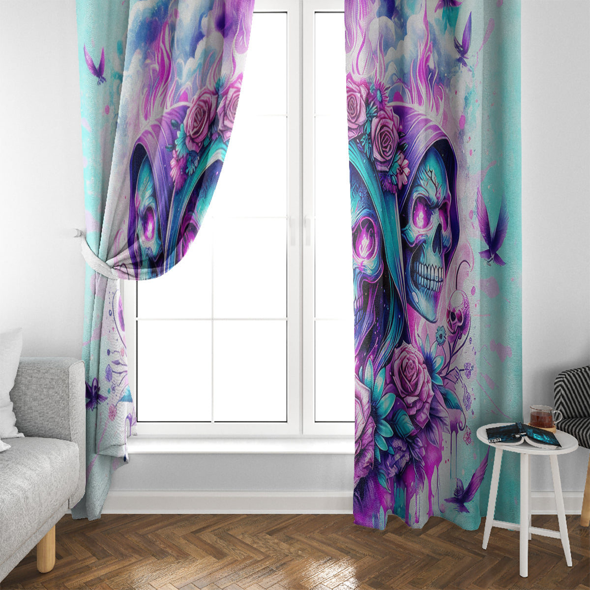 Flower Skull Angel Window Curtain Stuck Between IDK IDC and IDGAF - Wonder Print Shop