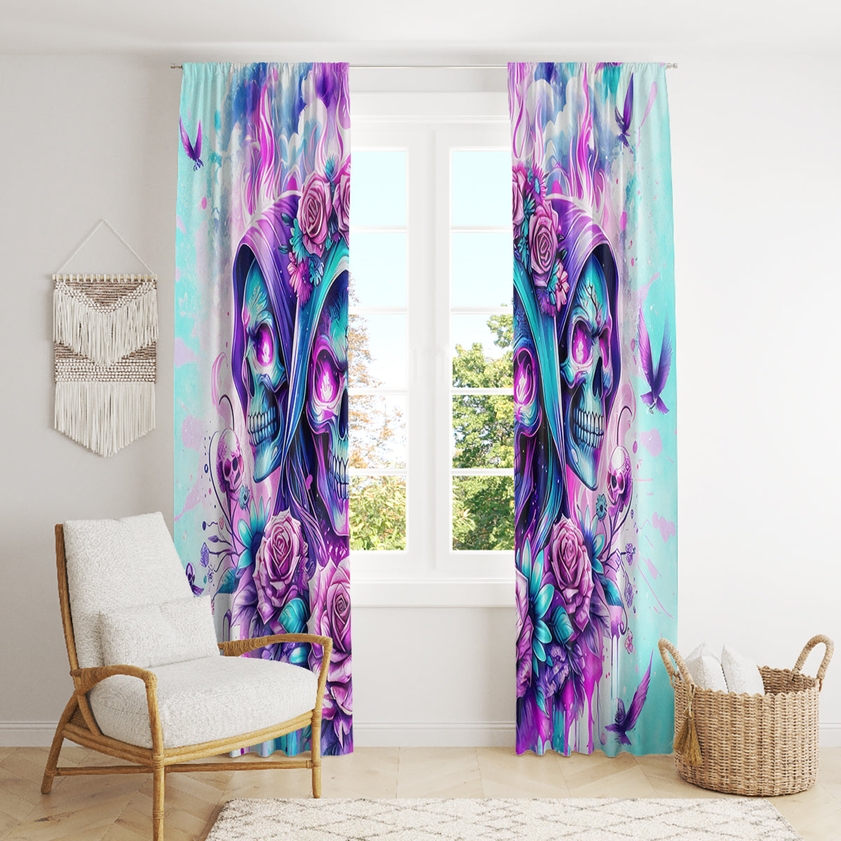 Flower Skull Angel Window Curtain Stuck Between IDK IDC and IDGAF - Wonder Print Shop