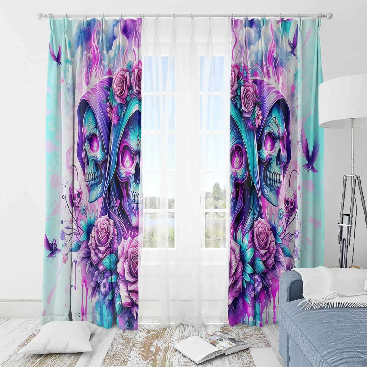 Flower Skull Angel Window Curtain Stuck Between IDK IDC and IDGAF - Wonder Print Shop