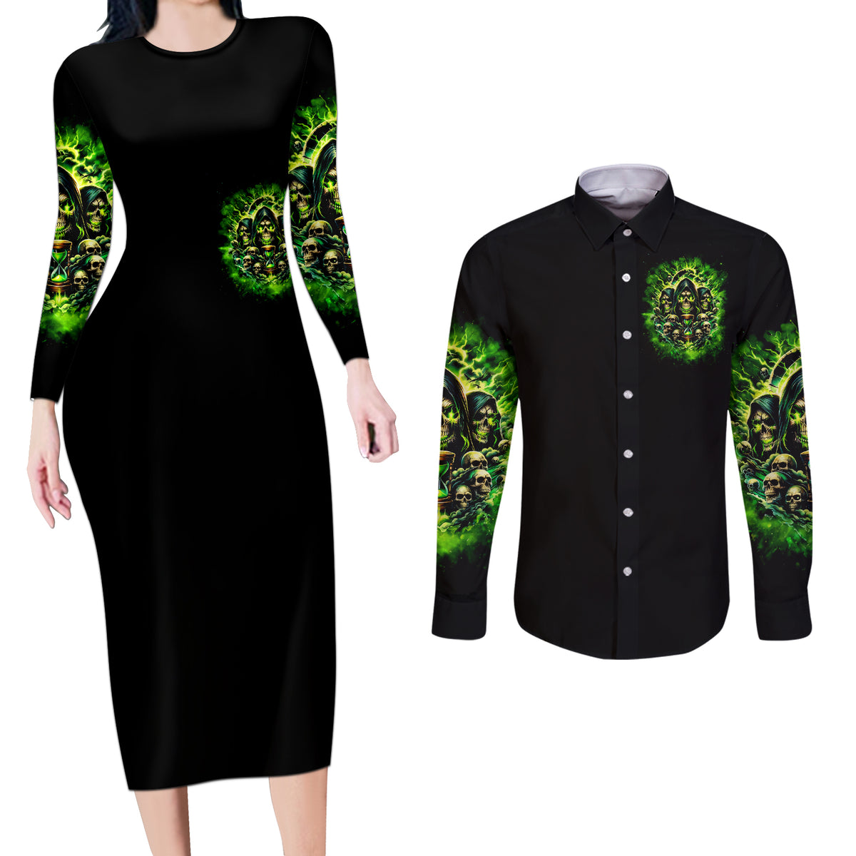 Flame Skull Couples Matching Long Sleeve Bodycon Dress and Long Sleeve Button Shirt I Have 3 Sides Quite Sweet Funny Crazy - Wonder Print Shop
