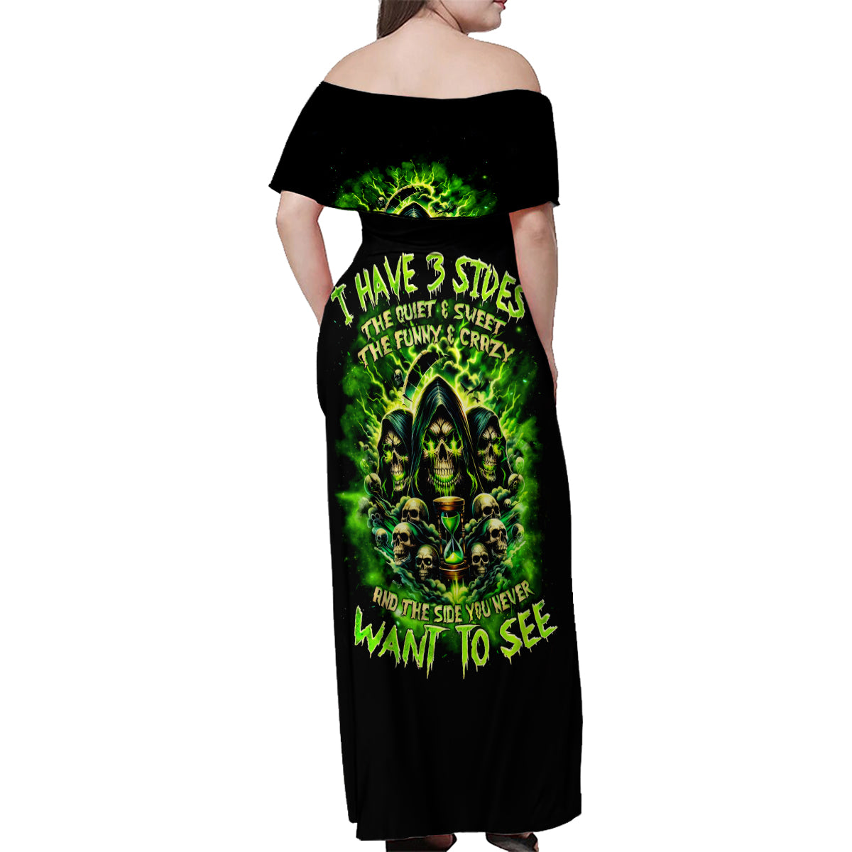 Flame Skull Family Matching Off Shoulder Maxi Dress and Hawaiian Shirt I Have 3 Sides Quite Sweet Funny Crazy - Wonder Print Shop