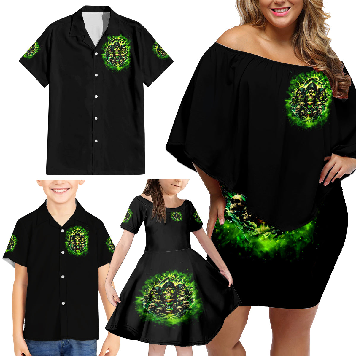 Flame Skull Family Matching Off Shoulder Short Dress and Hawaiian Shirt I Have 3 Sides Quite Sweet Funny Crazy - Wonder Print Shop