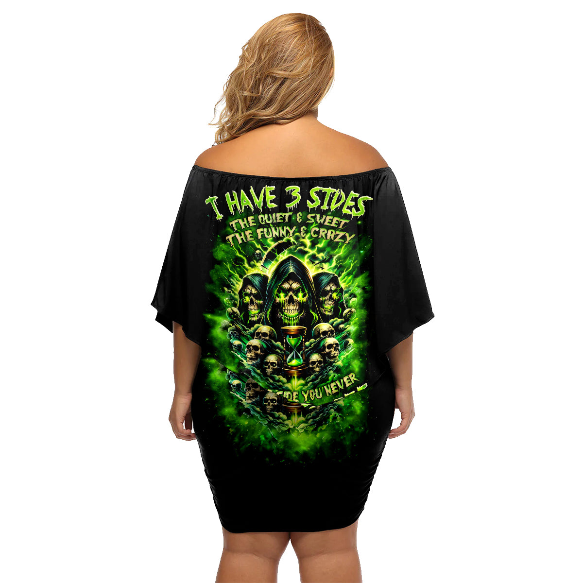 Flame Skull Family Matching Off Shoulder Short Dress and Hawaiian Shirt I Have 3 Sides Quite Sweet Funny Crazy - Wonder Print Shop