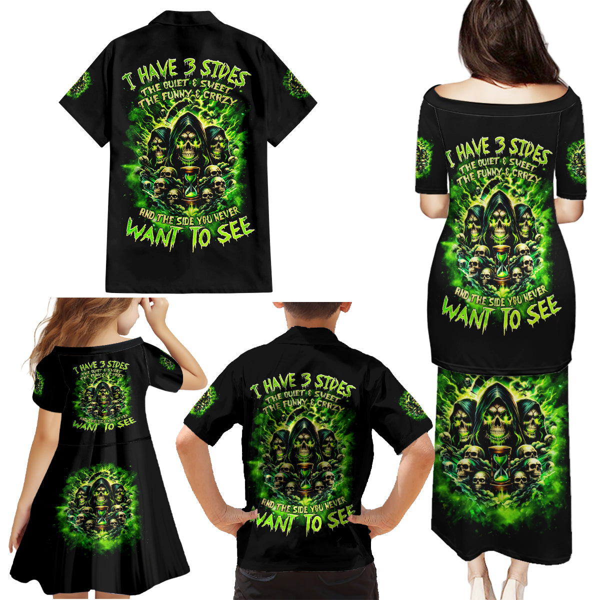 Flame Skull Family Matching Puletasi and Hawaiian Shirt I Have 3 Sides Quite Sweet Funny Crazy - Wonder Print Shop