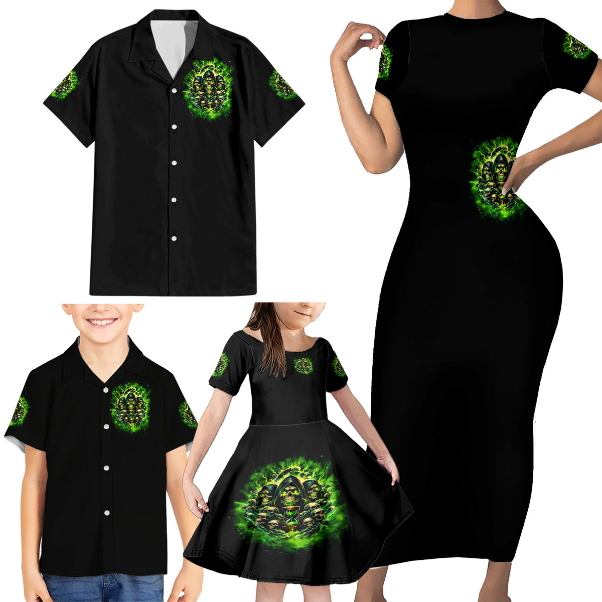 Flame Skull Family Matching Short Sleeve Bodycon Dress and Hawaiian Shirt I Have 3 Sides Quite Sweet Funny Crazy - Wonder Print Shop