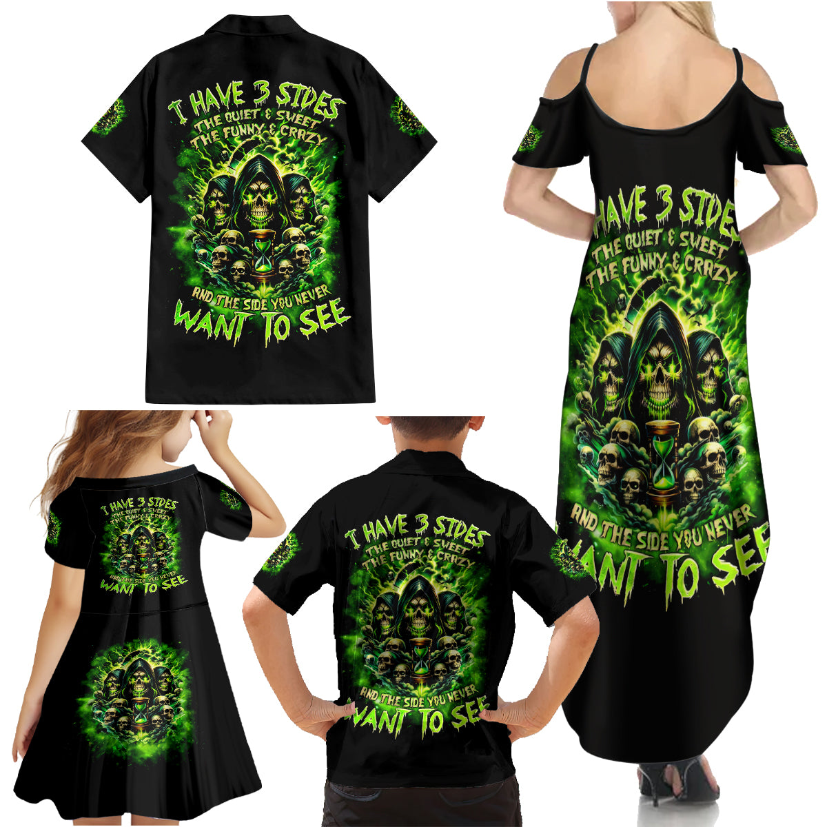 Flame Skull Family Matching Summer Maxi Dress and Hawaiian Shirt I Have 3 Sides Quite Sweet Funny Crazy - Wonder Print Shop