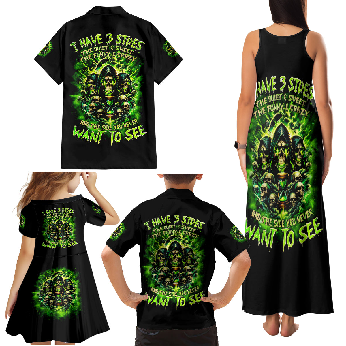 Flame Skull Family Matching Tank Maxi Dress and Hawaiian Shirt I Have 3 Sides Quite Sweet Funny Crazy - Wonder Print Shop