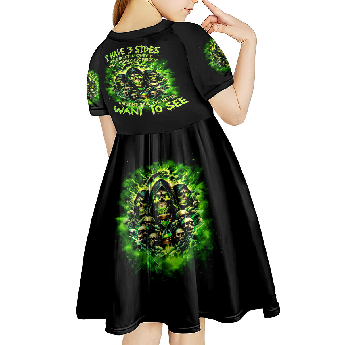 Flame Skull Kid Short Sleeve Dress I Have 3 Sides Quite Sweet Funny Crazy - Wonder Print Shop