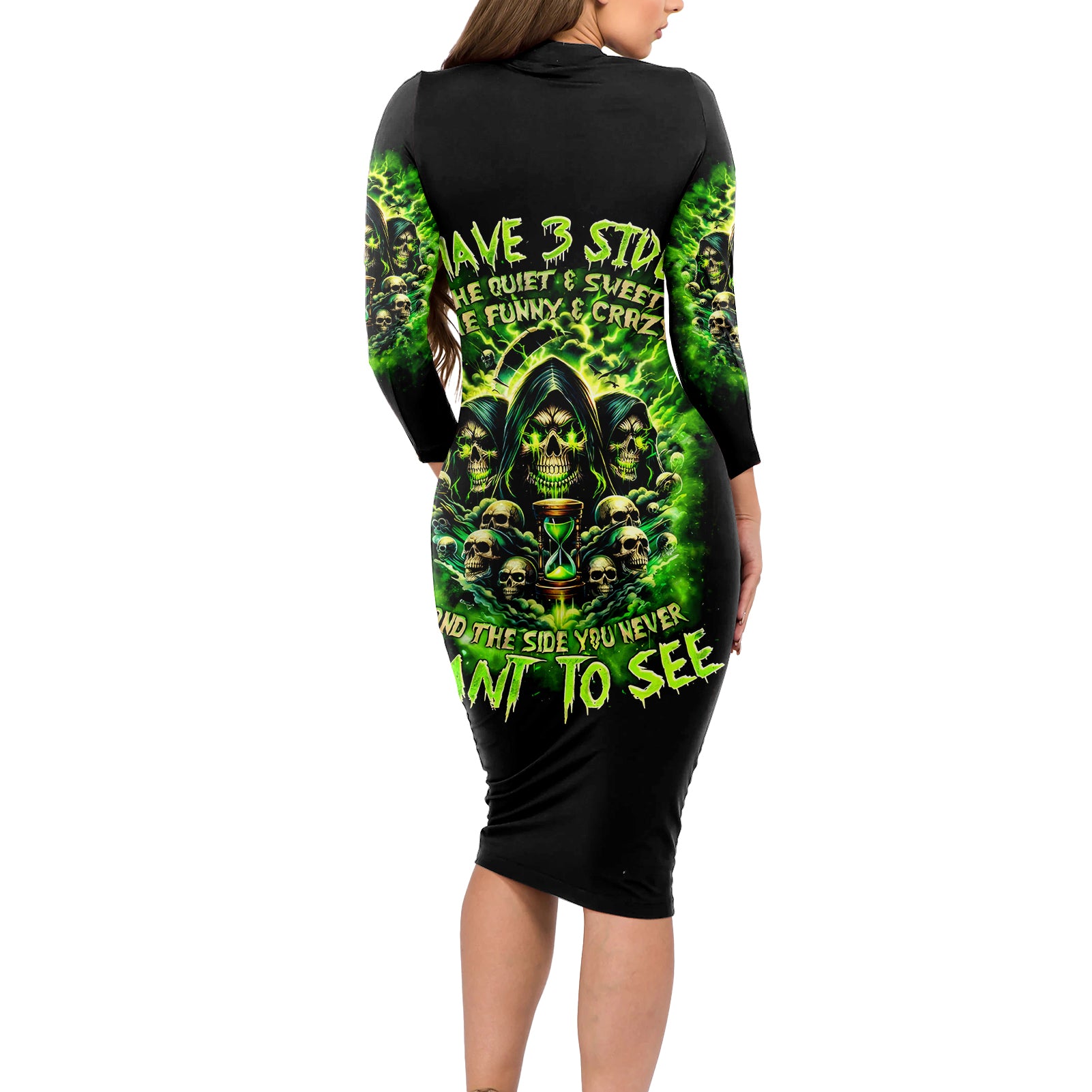 Flame Skull Long Sleeve Bodycon Dress I Have 3 Sides Quite Sweet Funny Crazy - Wonder Print Shop
