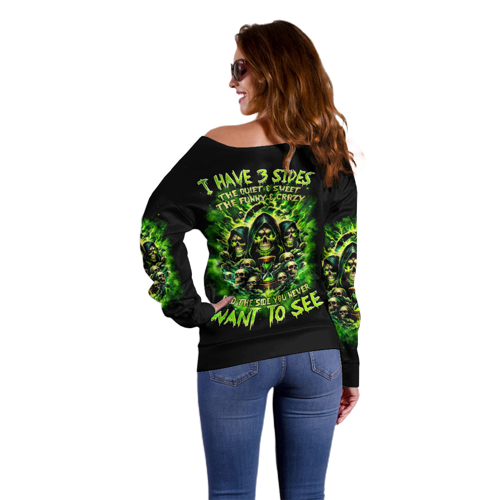 Flame Skull Off Shoulder Sweater I Have 3 Sides Quite Sweet Funny Crazy - Wonder Print Shop