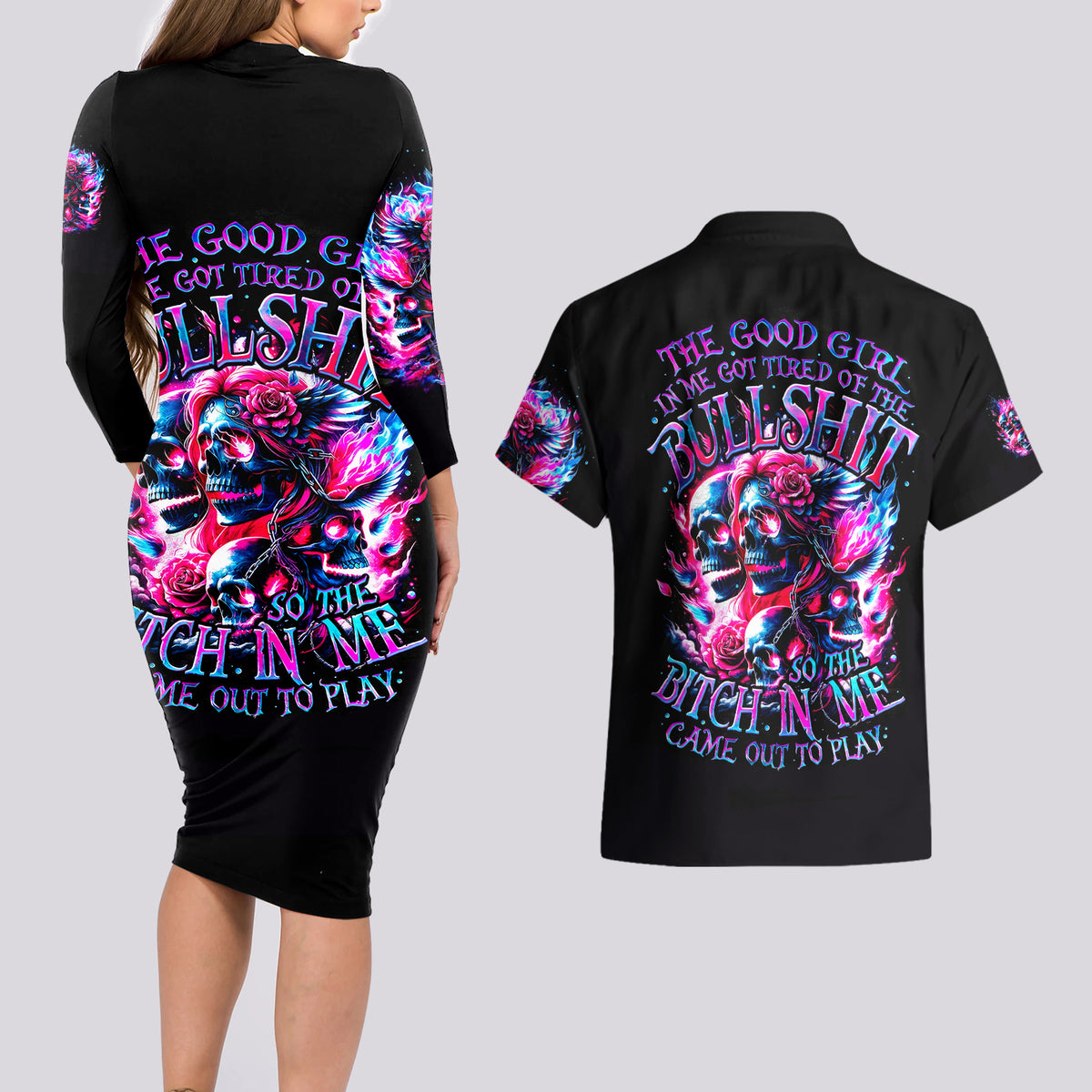 Flame Skull Couples Matching Long Sleeve Bodycon Dress and Hawaiian Shirt The Good Girl In Me Got Tired Of The Bullshit - Wonder Print Shop
