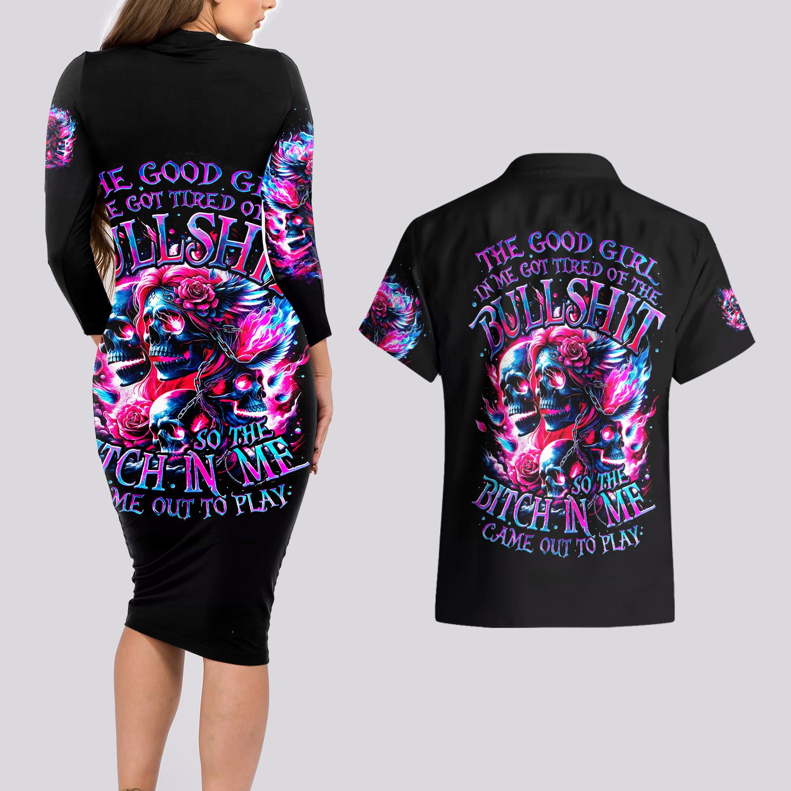 Flame Skull Couples Matching Long Sleeve Bodycon Dress and Hawaiian Shirt The Good Girl In Me Got Tired Of The Bullshit - Wonder Print Shop